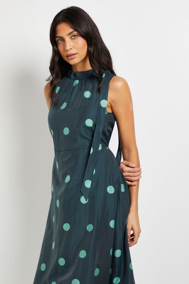 Wallis Wallis Women's Polka Dot Tie Neck Sleeveless Midi Dress in Mint - 2