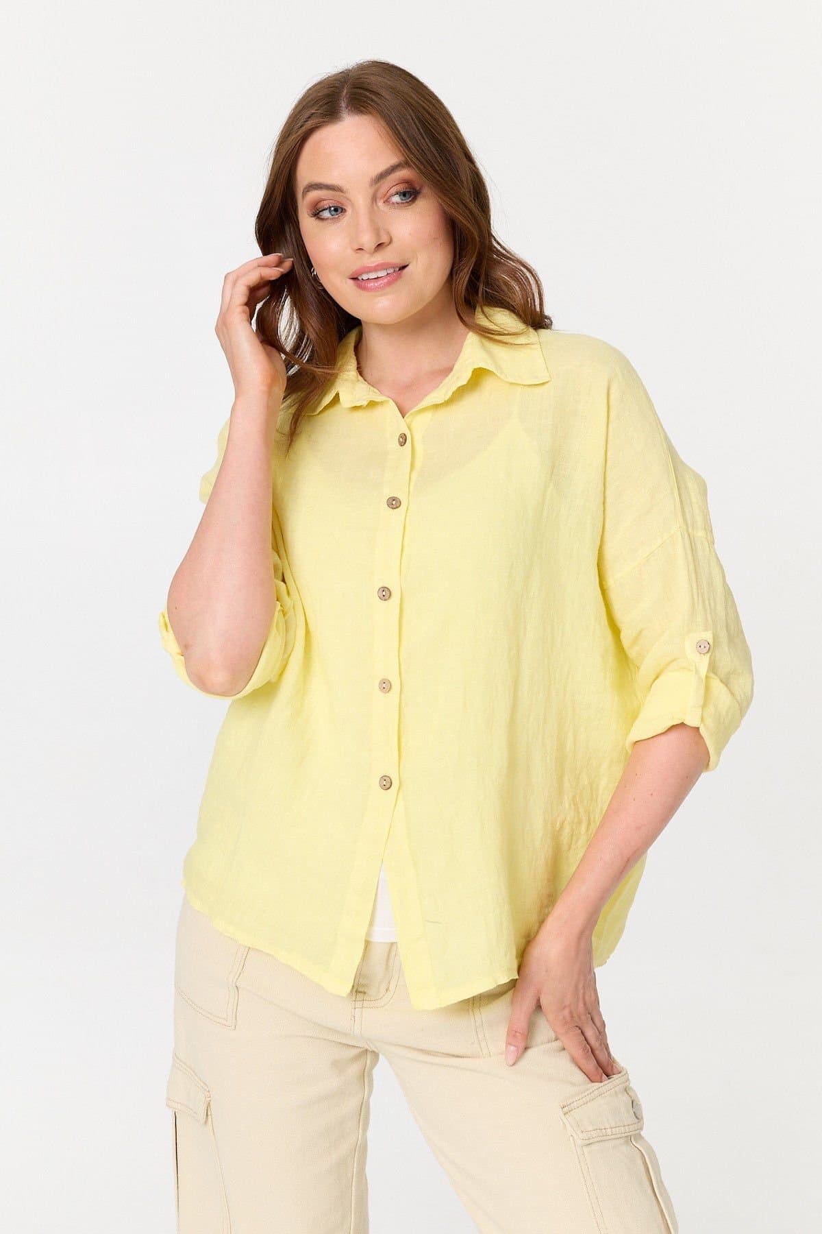 Izabel London Izabel London Women's Relaxed 3/4 Sleeve Button Front Shirt in Yellow