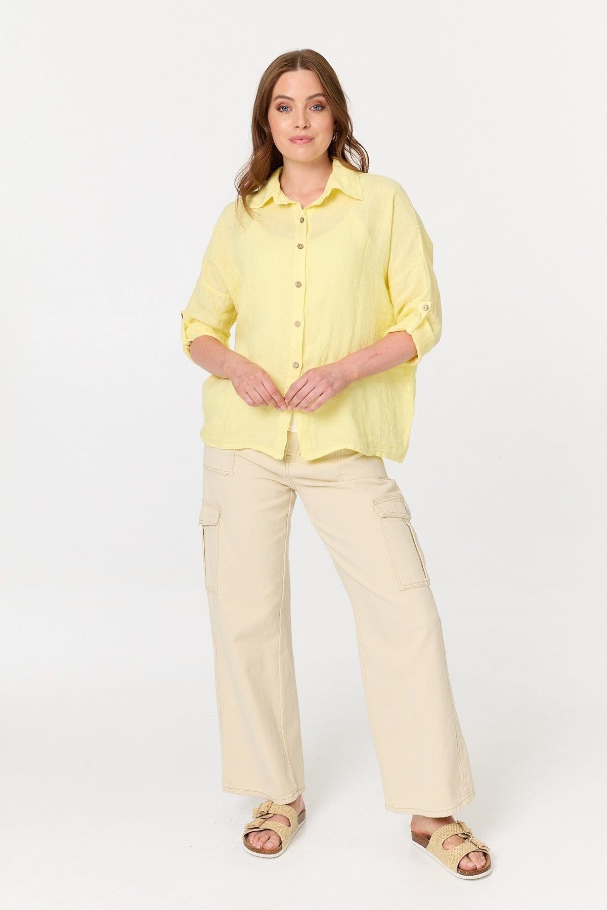 Izabel London Izabel London Women's Relaxed 3/4 Sleeve Button Front Shirt in Yellow - 4