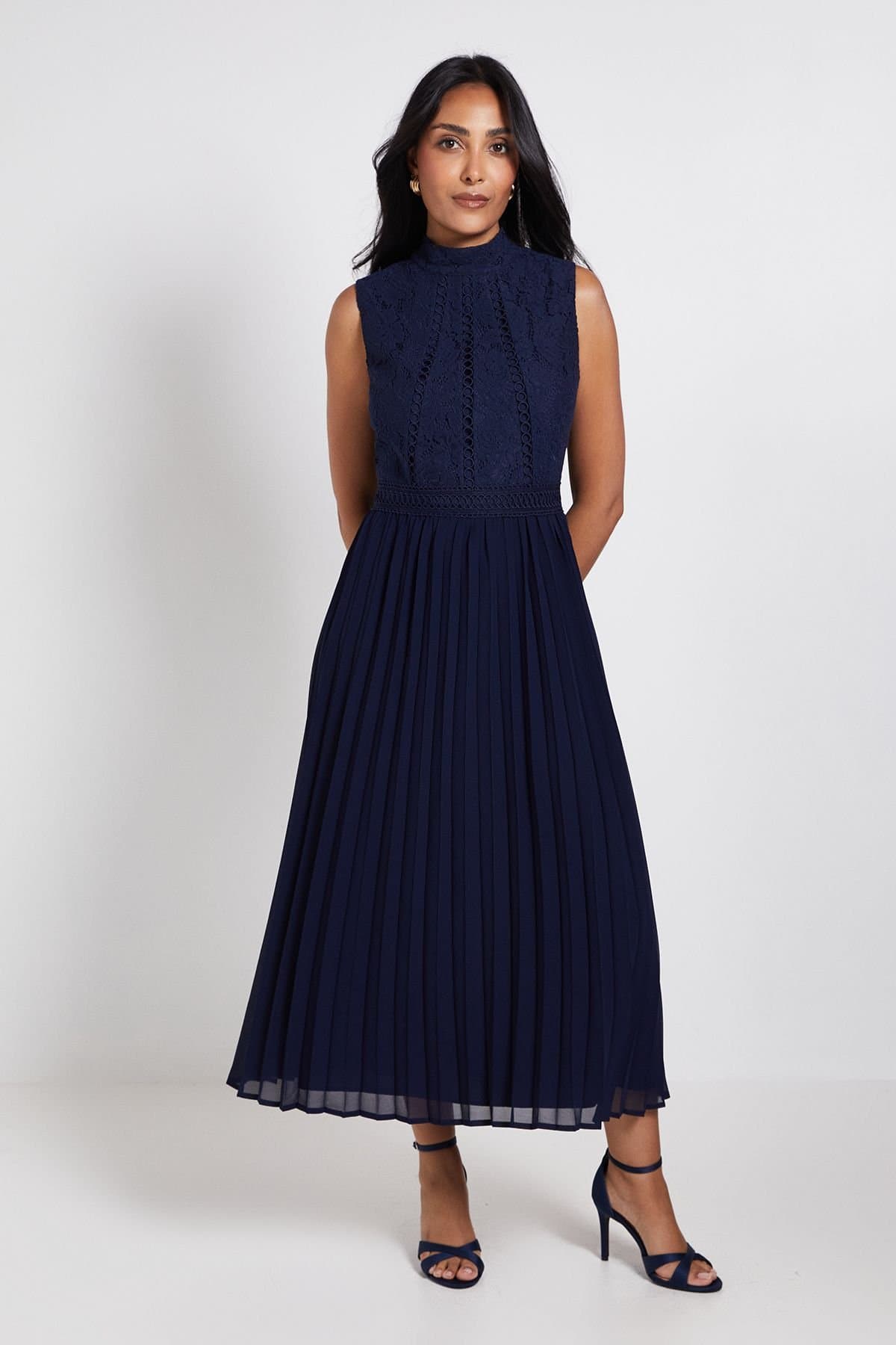 Wallis Wallis Women's Petite Lace Insert Pleated Midi Dress in Navy