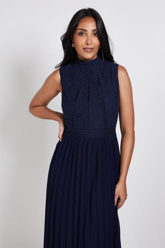 Wallis Wallis Women's Petite Lace Insert Pleated Midi Dress in Navy - 2