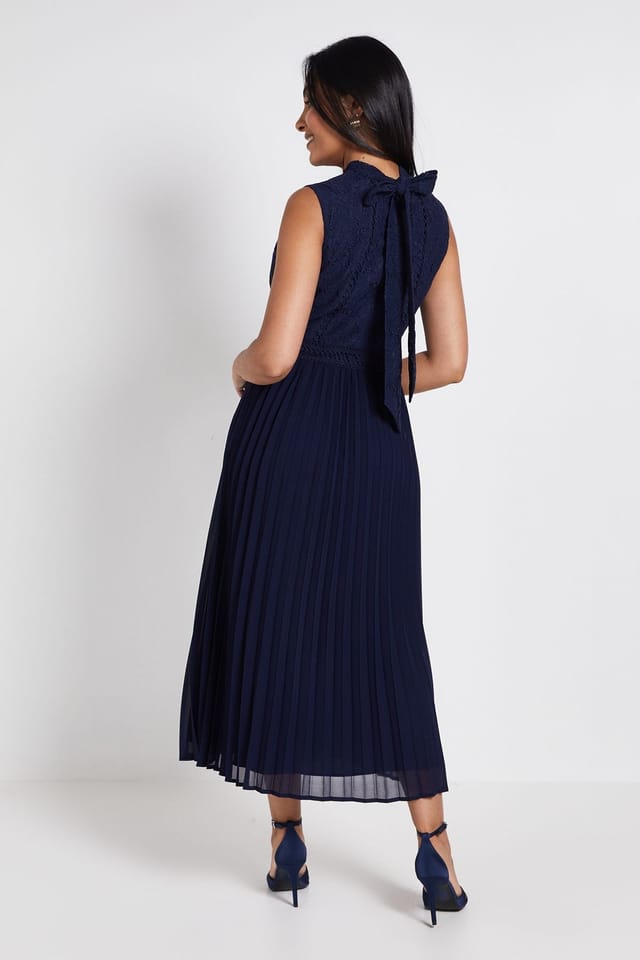 Wallis Wallis Women's Petite Lace Insert Pleated Midi Dress in Navy - 3