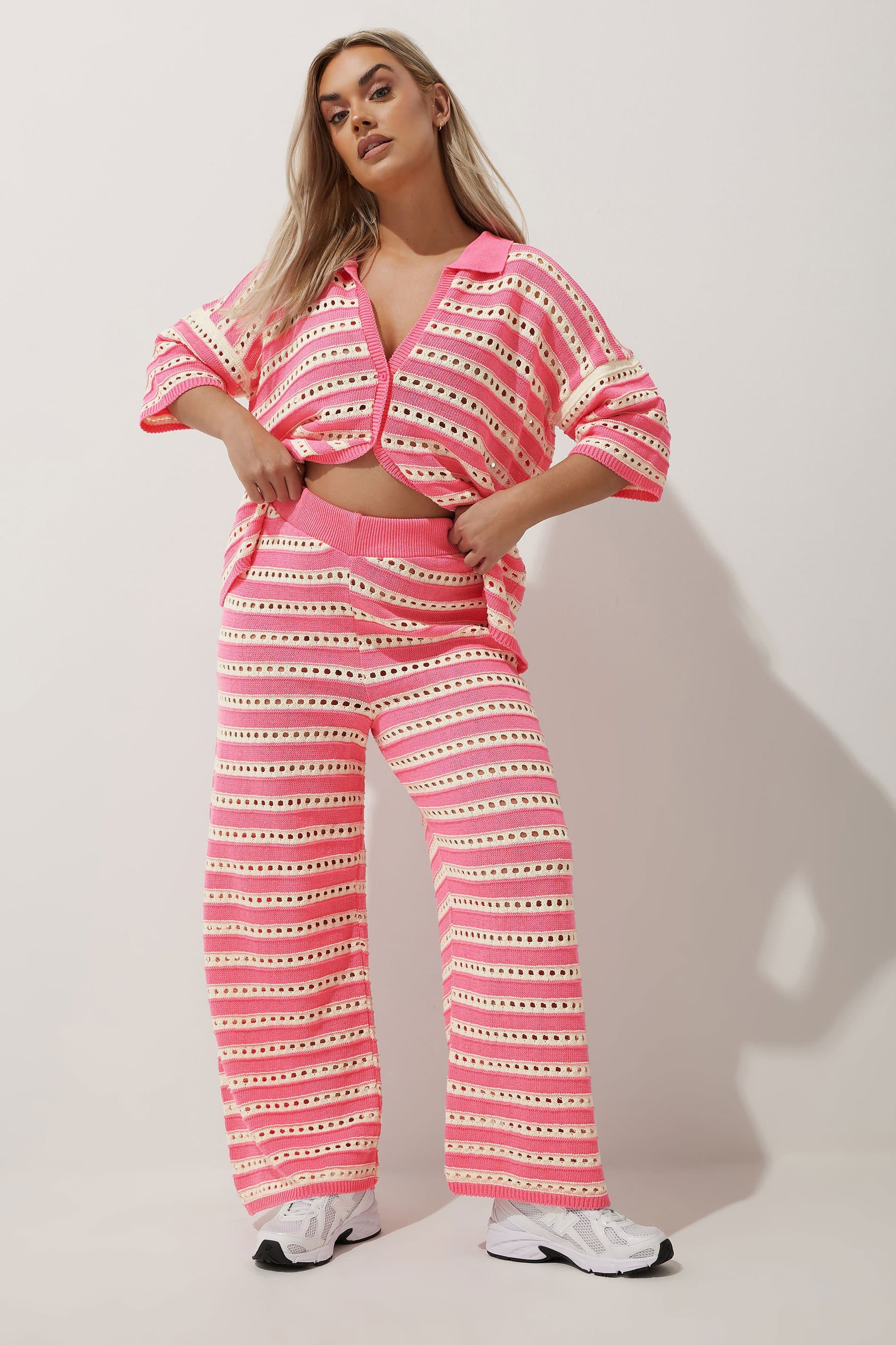 Limited Collection Plus Size Pink & White Stripe Crochet Wide Leg Trousers