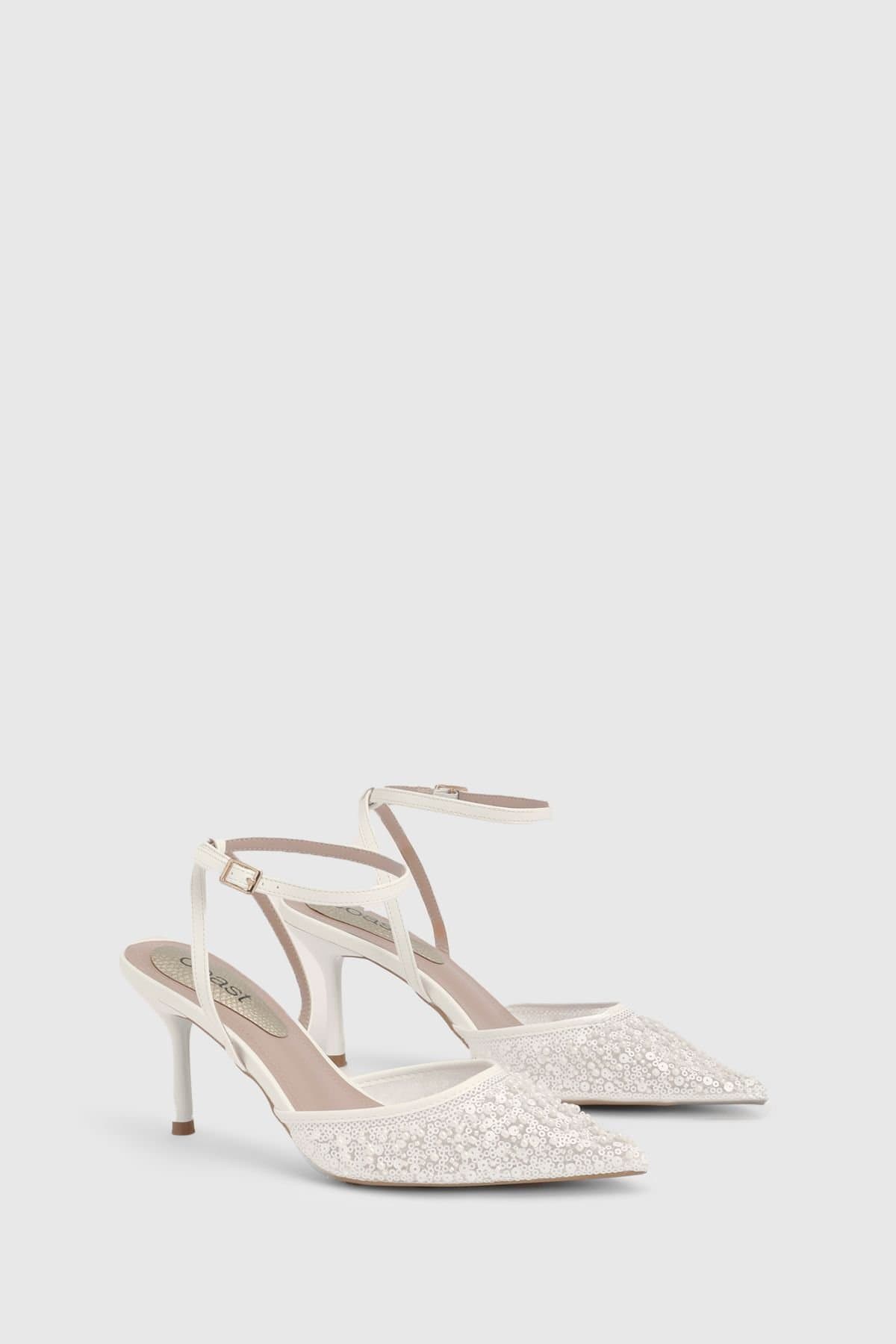 Coast Coast Women's Bridal Maria Faux Leather Sequin Embellished Stiletto Court Shoes in White