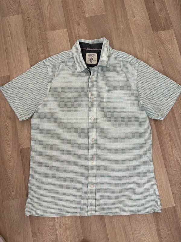Morley Morley Trading Co Men’s Short Sleeve Shirt Large Blue White Striped Summer Casual Cotton