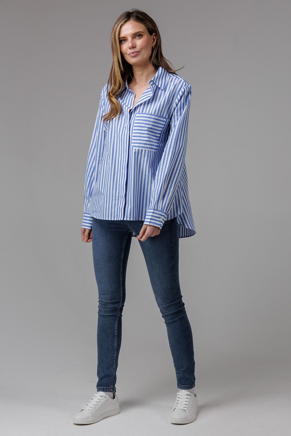 French Connection French Connection Women's Cotton Relaxed-Fit Long Sleeve Striped Popover High-Low Hem Shirt in Blue - 3