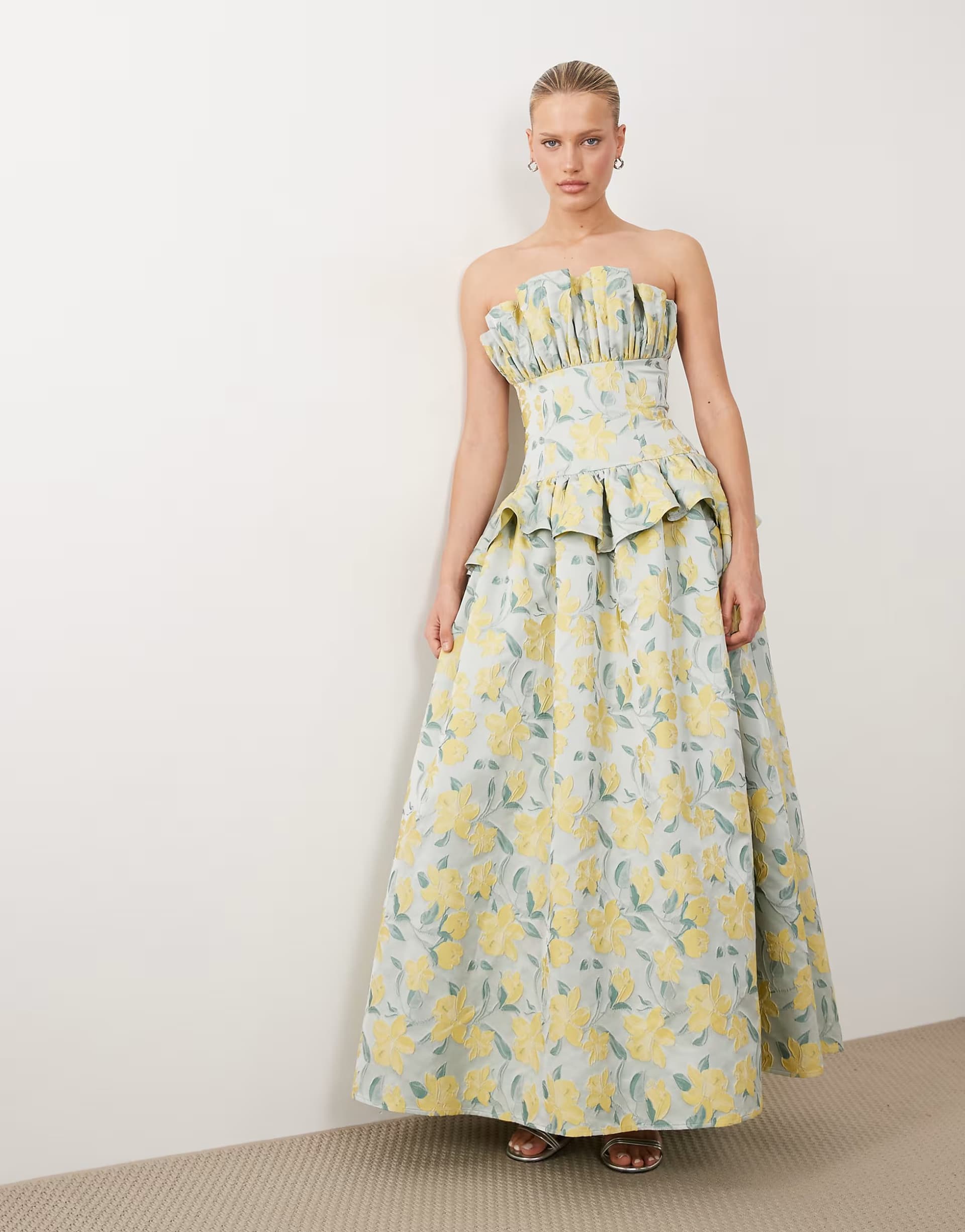 ASOS ASOS LUXE jacquard pleated bandeau maxi dress in yellow and blue