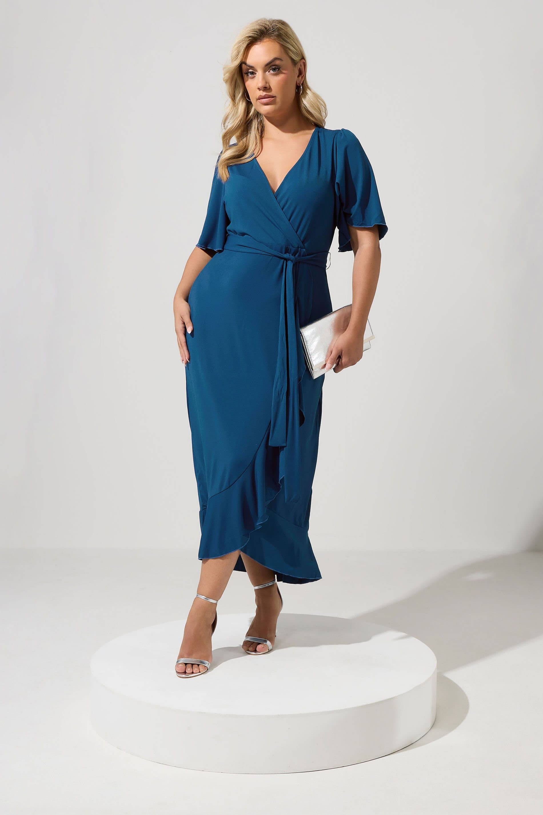 Yours Yours Women's Sleeve Ruffle Wrap Maxi Dress in Blue