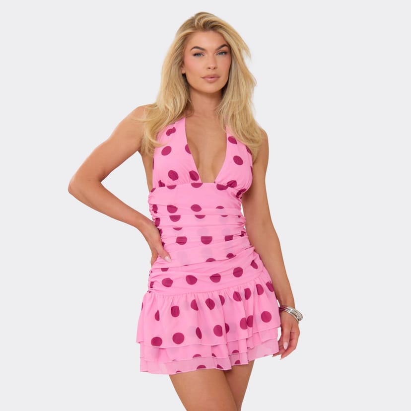 EGO Halterneck Plunge Front Ruched Mini Dress In Pink Polka Dot, Women's Size UK 4 - 1