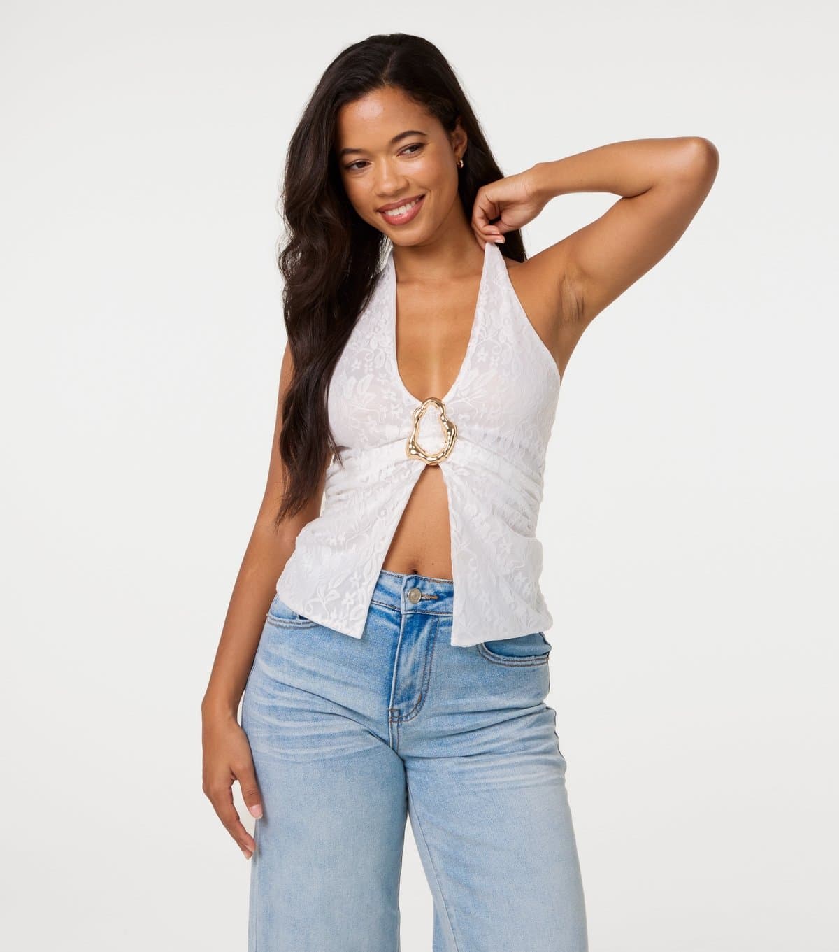 Pink Vanilla Women's Off White Floral Buckle Halter Neck Top Pink Vanilla New Look