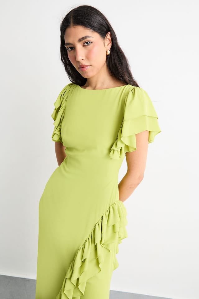 Warehouse Warehouse Women's Side Split Ruffle Detail Maxi Dress in Lime - 2