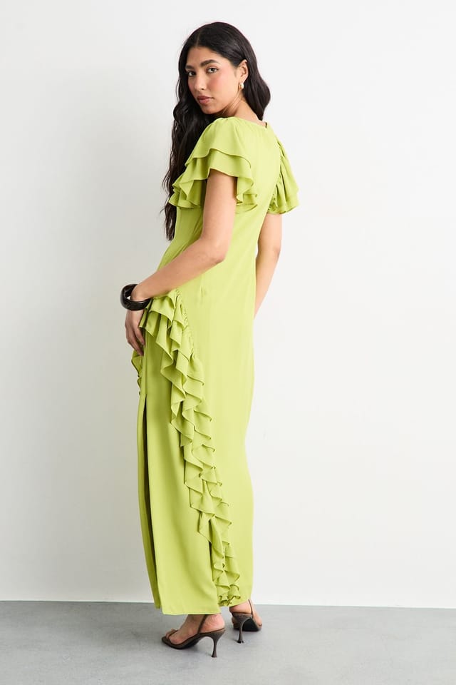 Warehouse Warehouse Women's Side Split Ruffle Detail Maxi Dress in Lime - 3