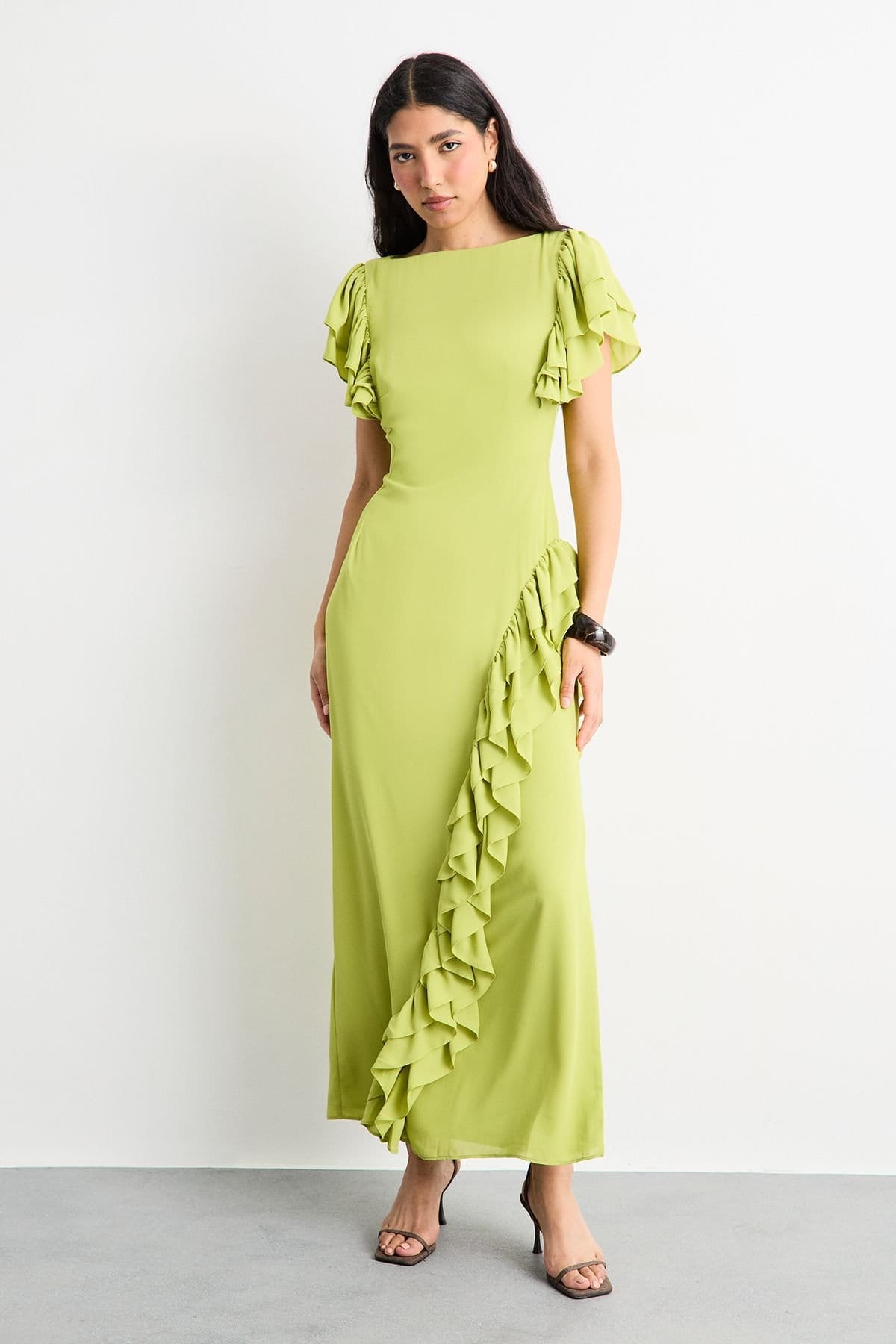 Warehouse Warehouse Women's Side Split Ruffle Detail Maxi Dress in Lime - 4