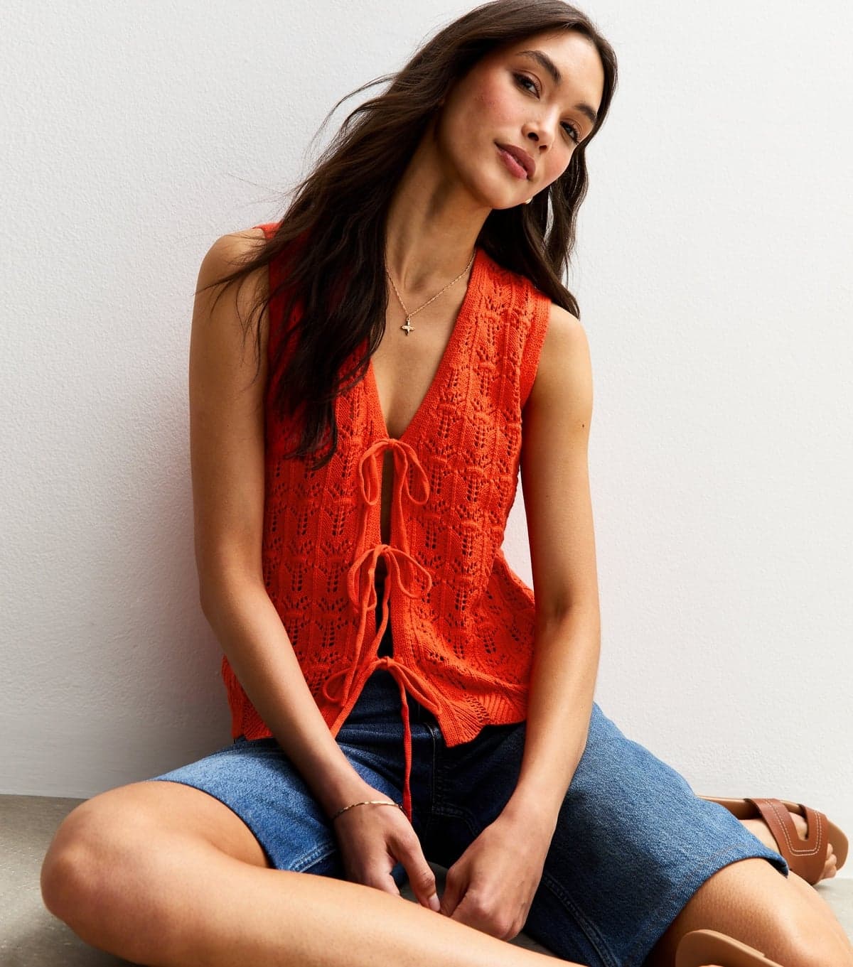 Sunshine Soul Women's Orange Crochet Knit Tie Front Vest Sunshine Soul New Look