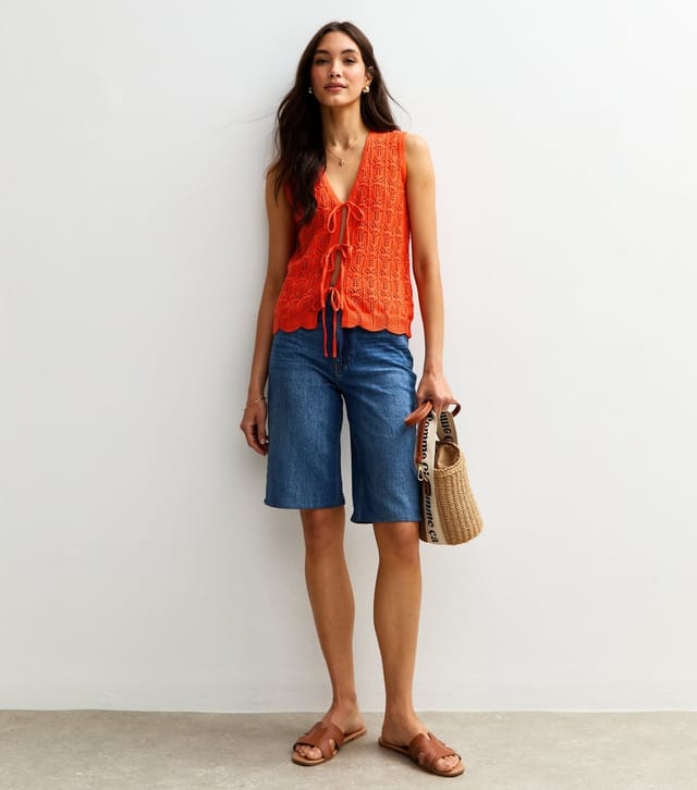 Sunshine Soul Women's Orange Crochet Knit Tie Front Vest Sunshine Soul New Look - 2