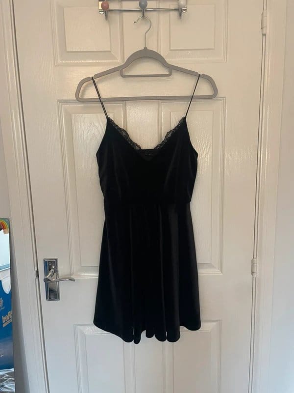 New Look Black Velvet Skater Dress with Lace Trim