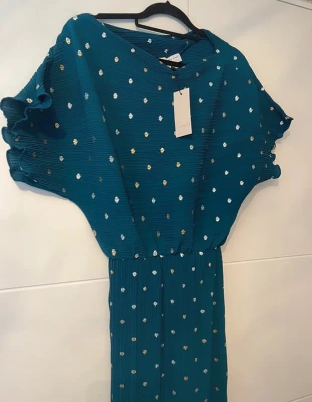 Never Fully Dressed Never fully dressed petite Plisse teal maxi dress in gold & silver spots -