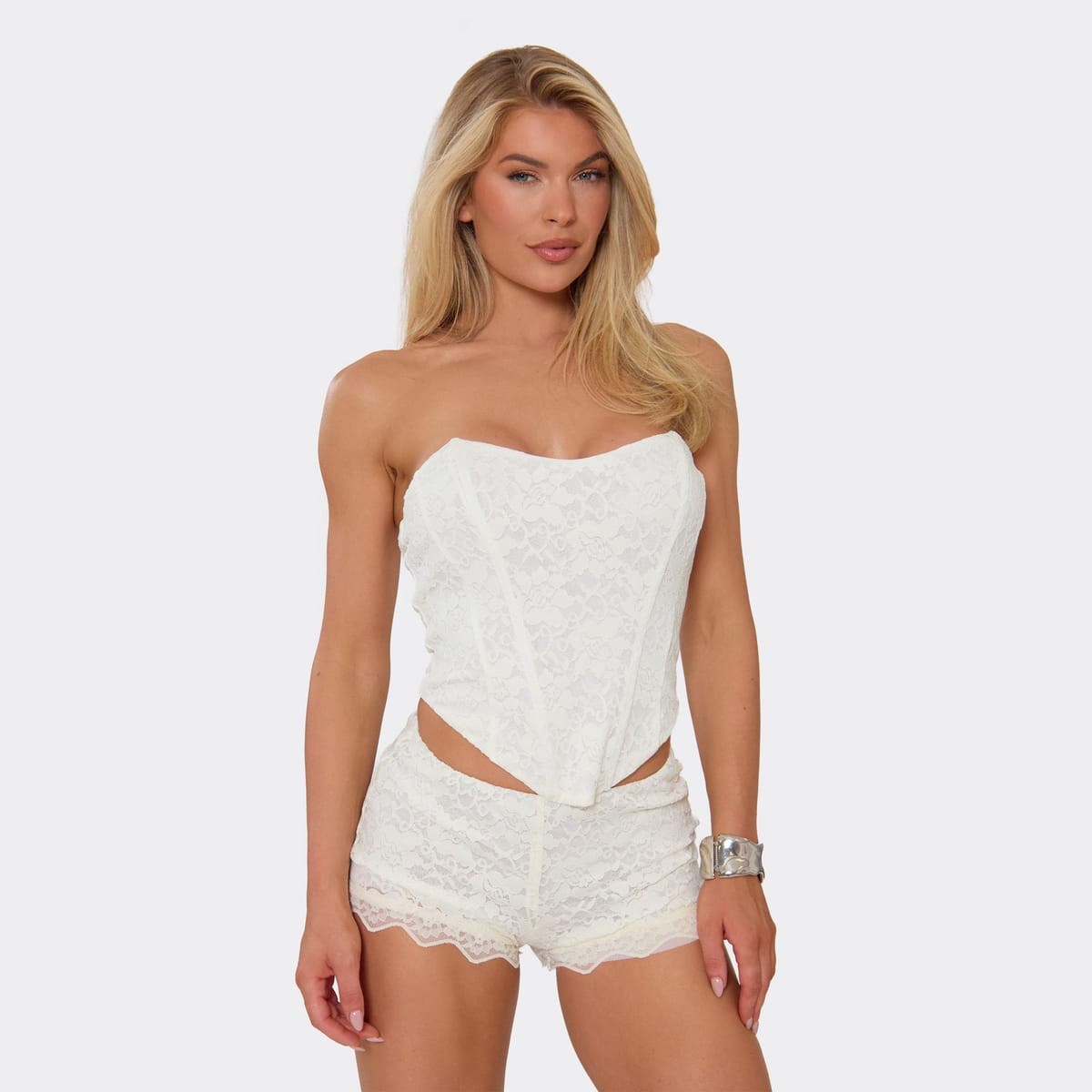 EGO Bandeau Sweetheart Corset Top In White Lace, Women's Size UK 6 - 1