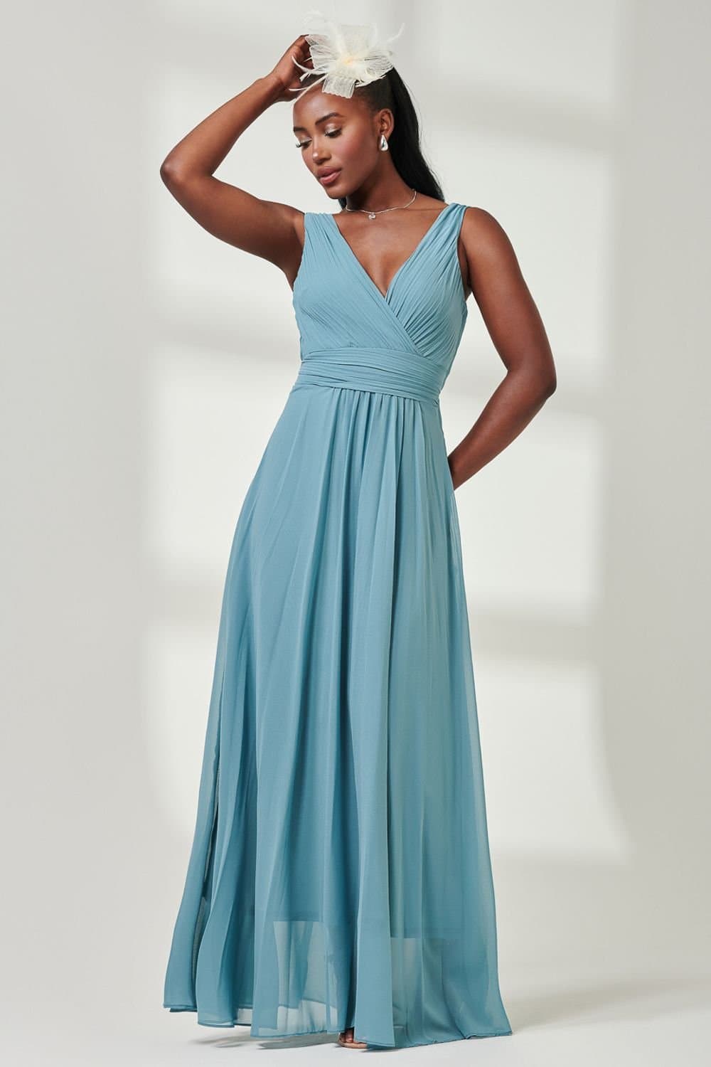 Jolie Moi Jolie Moi Women's Pleated Bodice Chiffon Maxi Dress in Pale Green