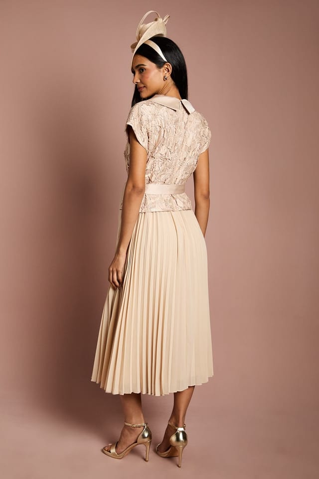 Coast Coast Women's Lace Wrap Top Pleat Tux Midi Dress in Champagne - 3