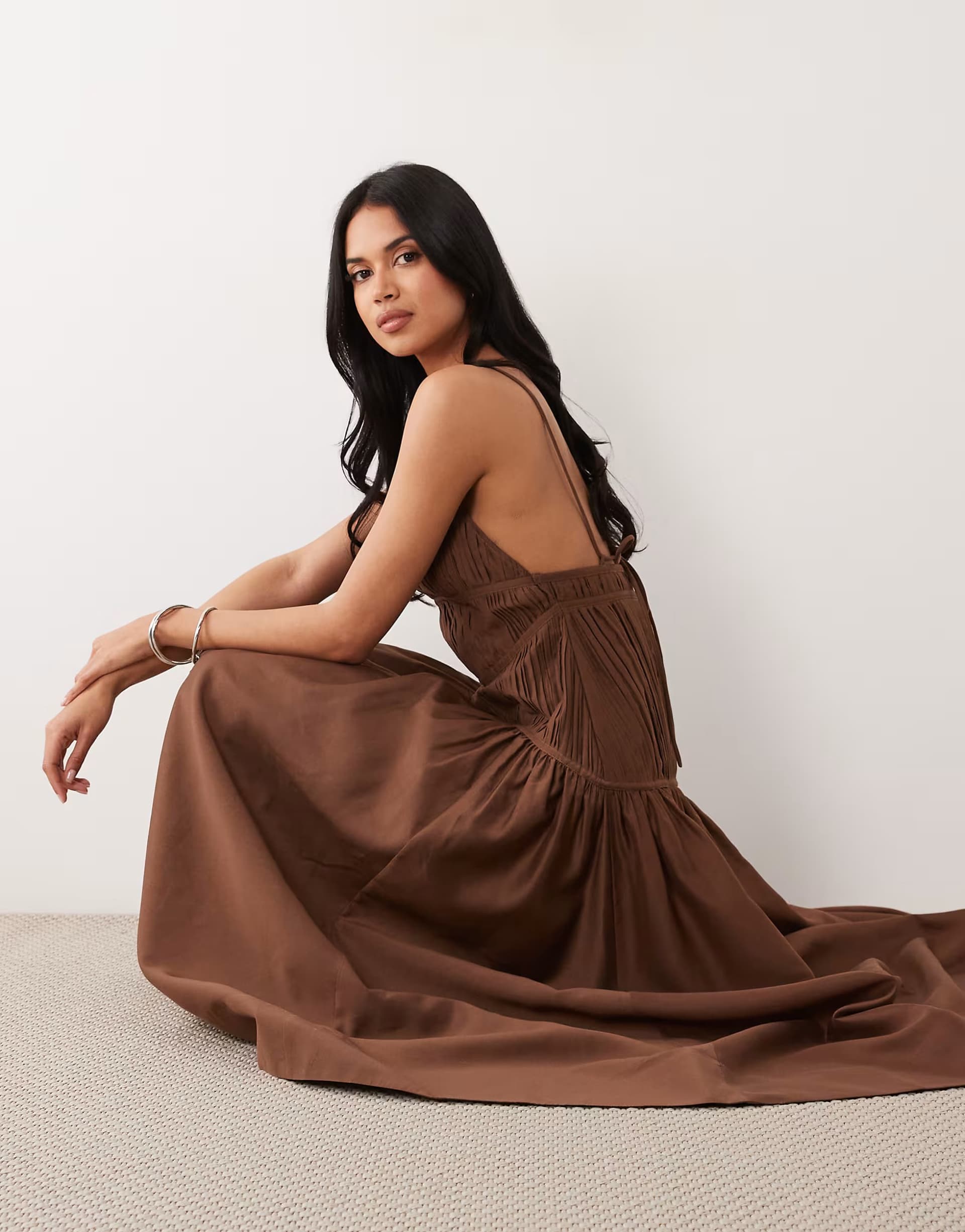 ASOS ASOS DESIGN ruched backless cami maxi dress in chocolate