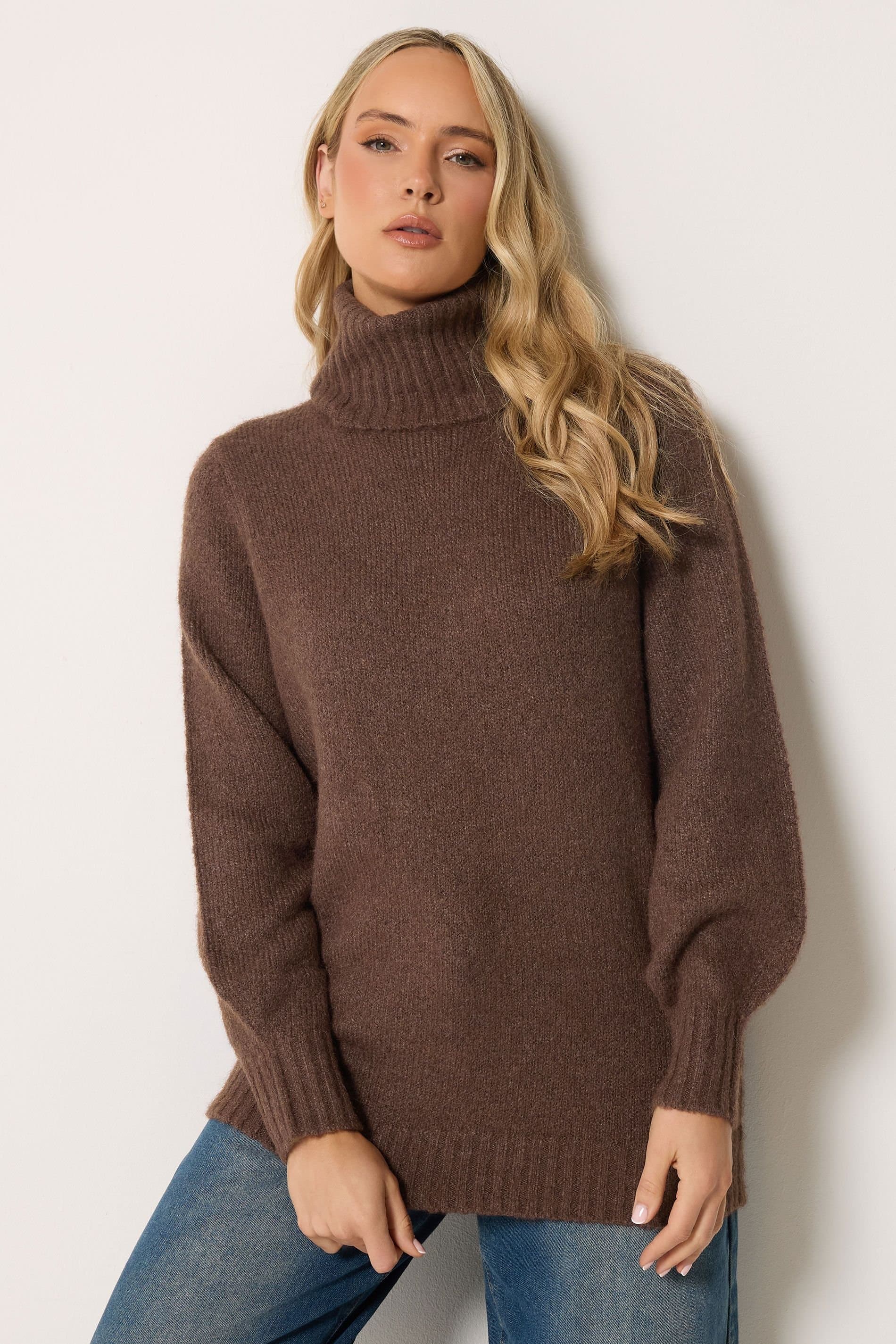 Long Tall Sally Long Tall Sally Women's Tall Roll Neck Fluffy Knit Jumper in Brown