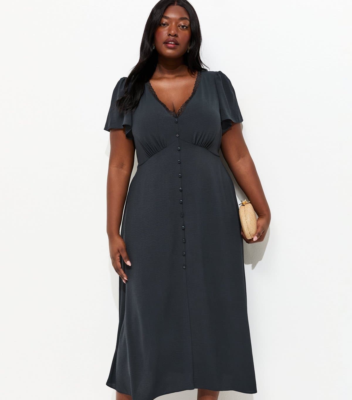 New Look Women's Plus Size Navy Lace Trim Midi Tea Dress Curves New Look