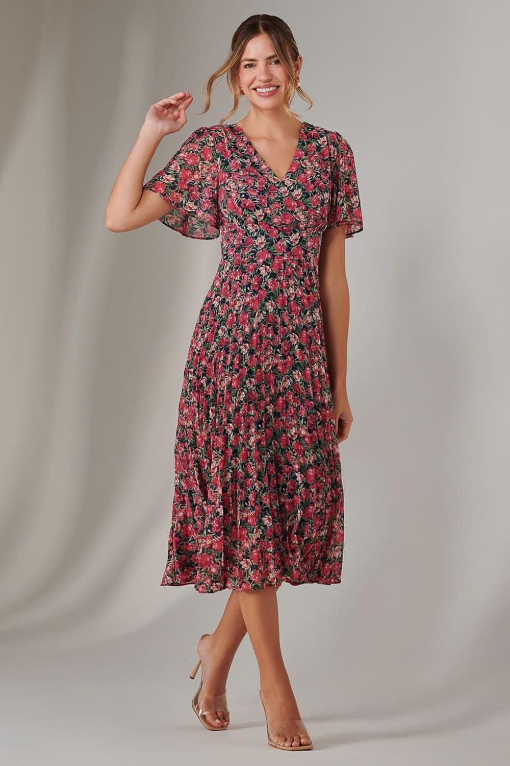 Jolie Moi Jolie Moi Women's Chiffon Pleated Wrap Midaxi Dress in Light Pink