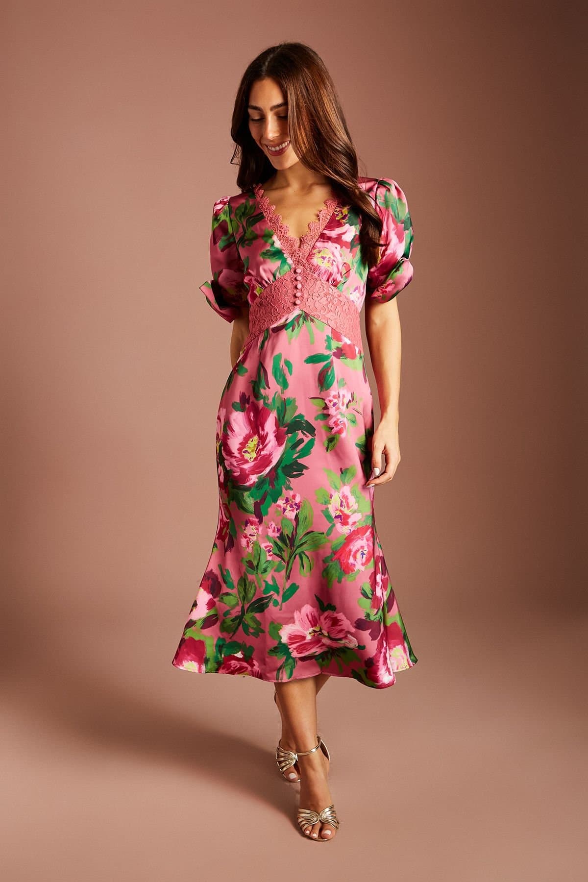 Coast Coast Women's Lace Detail Printed Floral Midi Dress in Pink