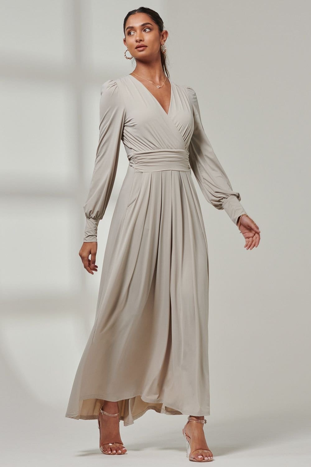 Jolie Moi Jolie Moi Women's Giulia Long Sleeve Maxi Dress in Taupe - 4