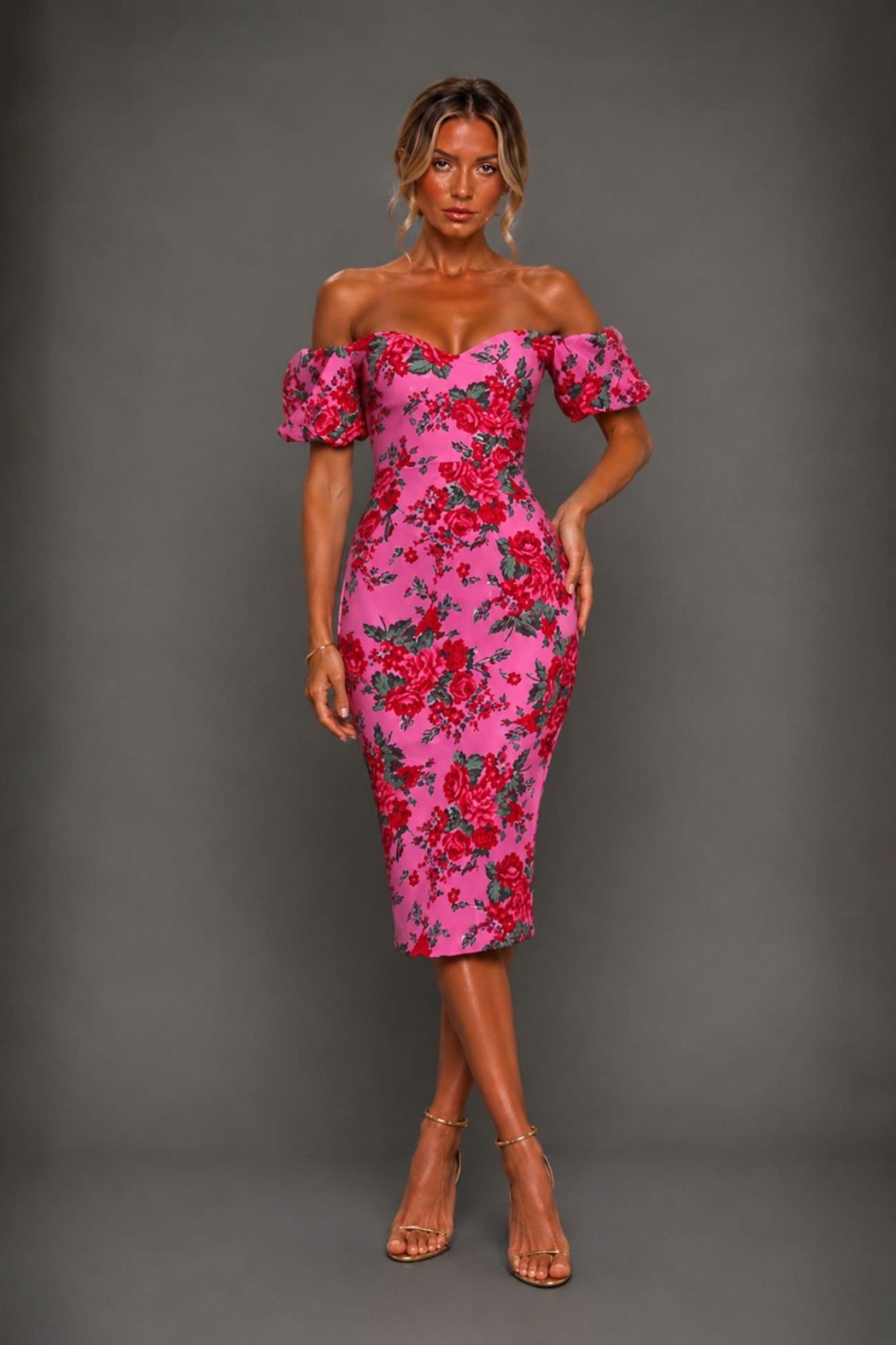 Vesper Vesper Women's Bardot Puff Sleeve Midi Dress in Pink