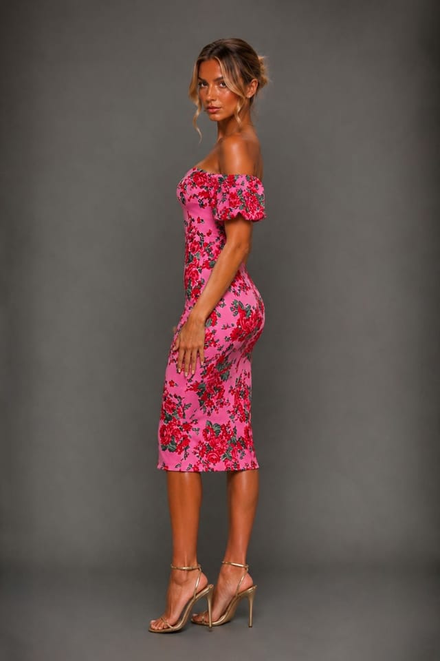 Vesper Vesper Women's Bardot Puff Sleeve Midi Dress in Pink - 3