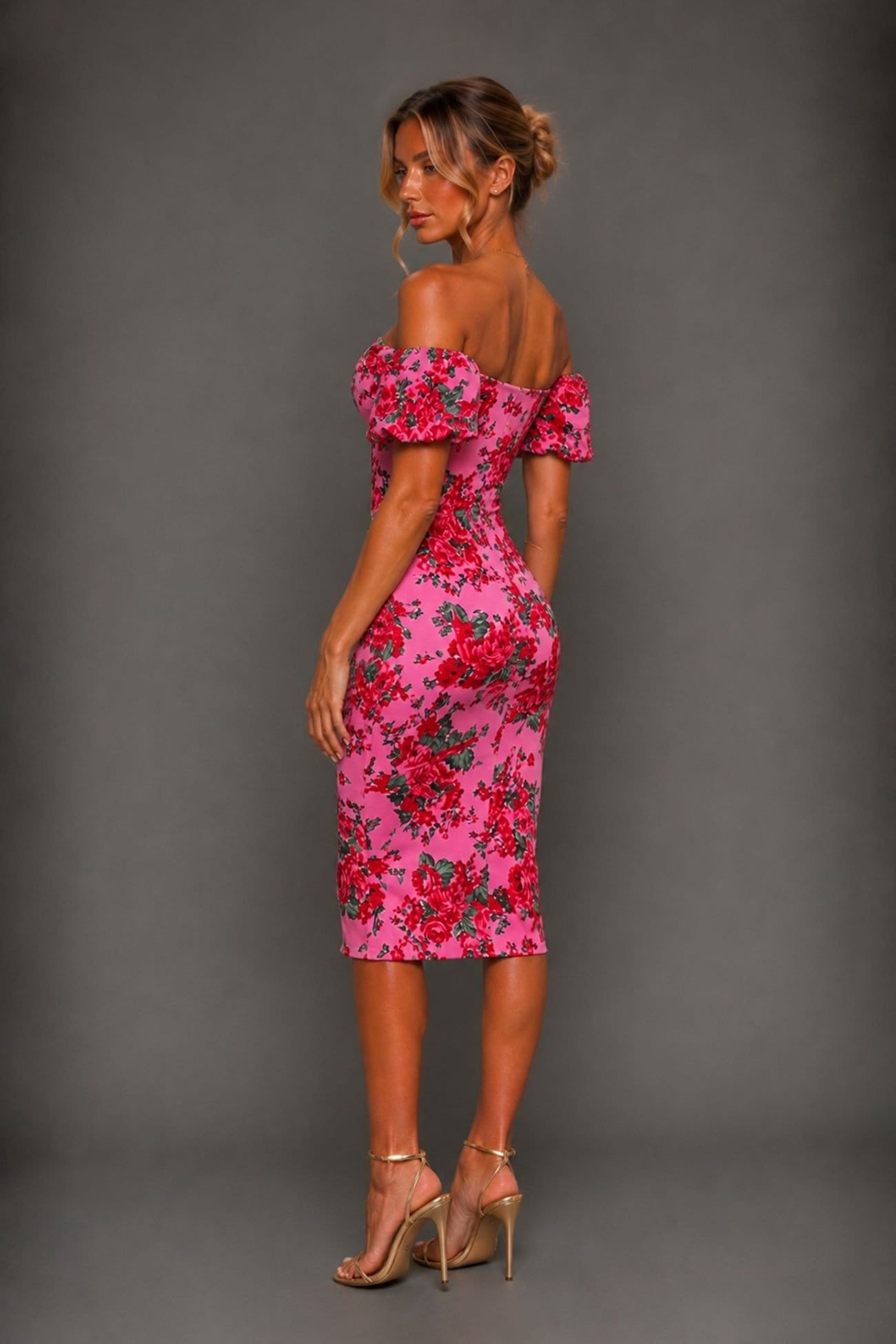 Vesper Vesper Women's Bardot Puff Sleeve Midi Dress in Pink - 4
