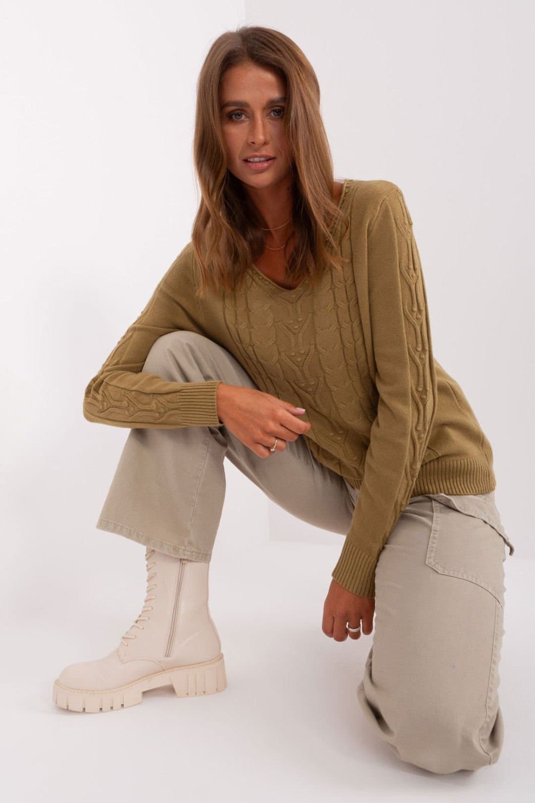 Love Lace Love Lace Women's Cotton V Neck Long Sleeve Sweater Variegated in Green