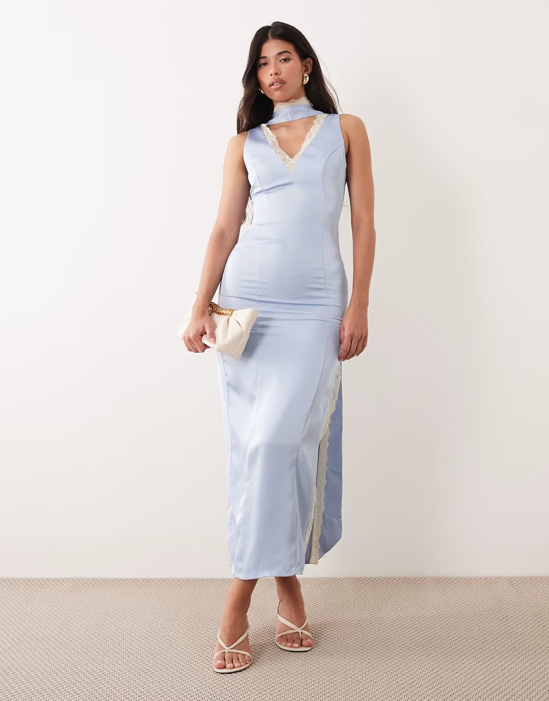 ASOS Kaiia exclusive satin contrast lace trim scarf detail v-neck thigh split maxi dress in blue