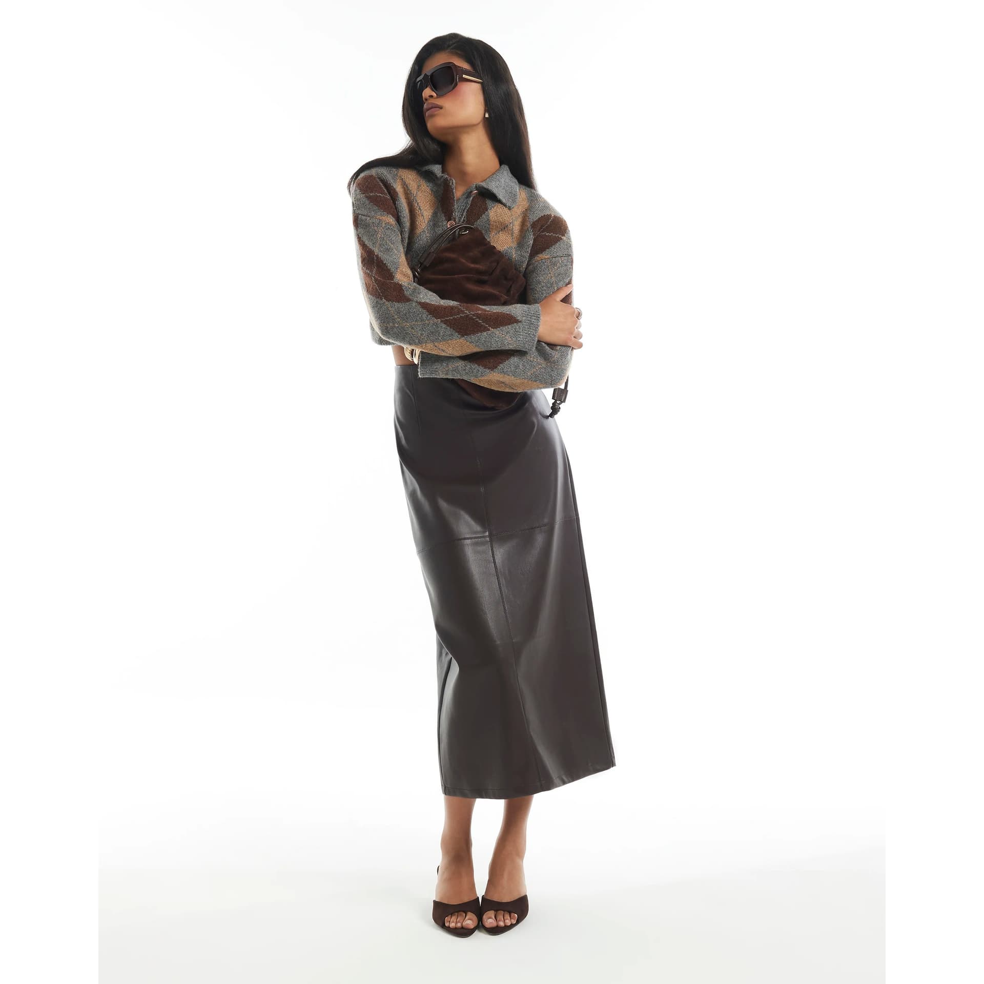 River Island River Island Womens Purple Faux Leather Pencil Midi Skirt