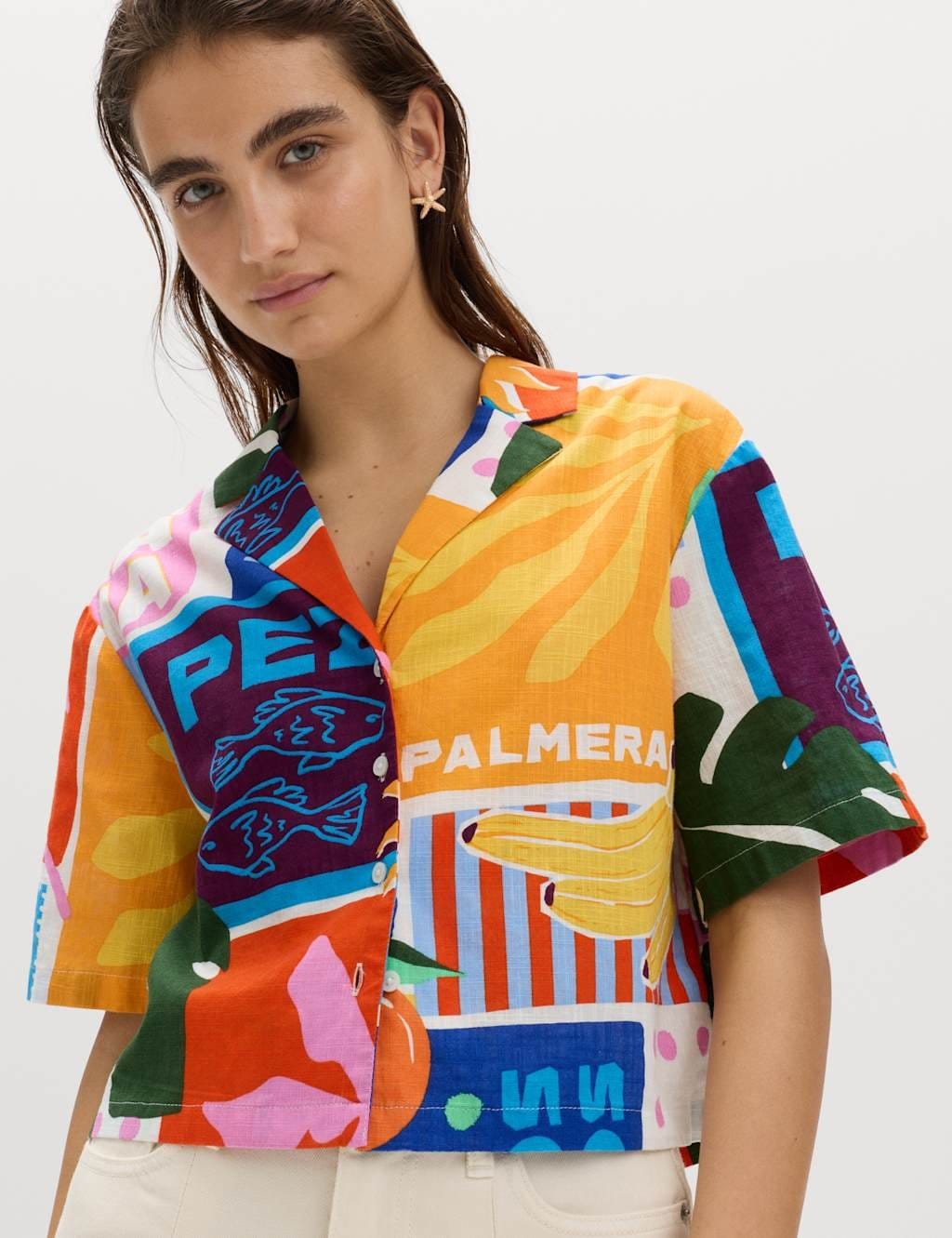 Marks & Spencer M&S Pure Cotton Printed Short Sleeve Beach Shirt Multi - 1