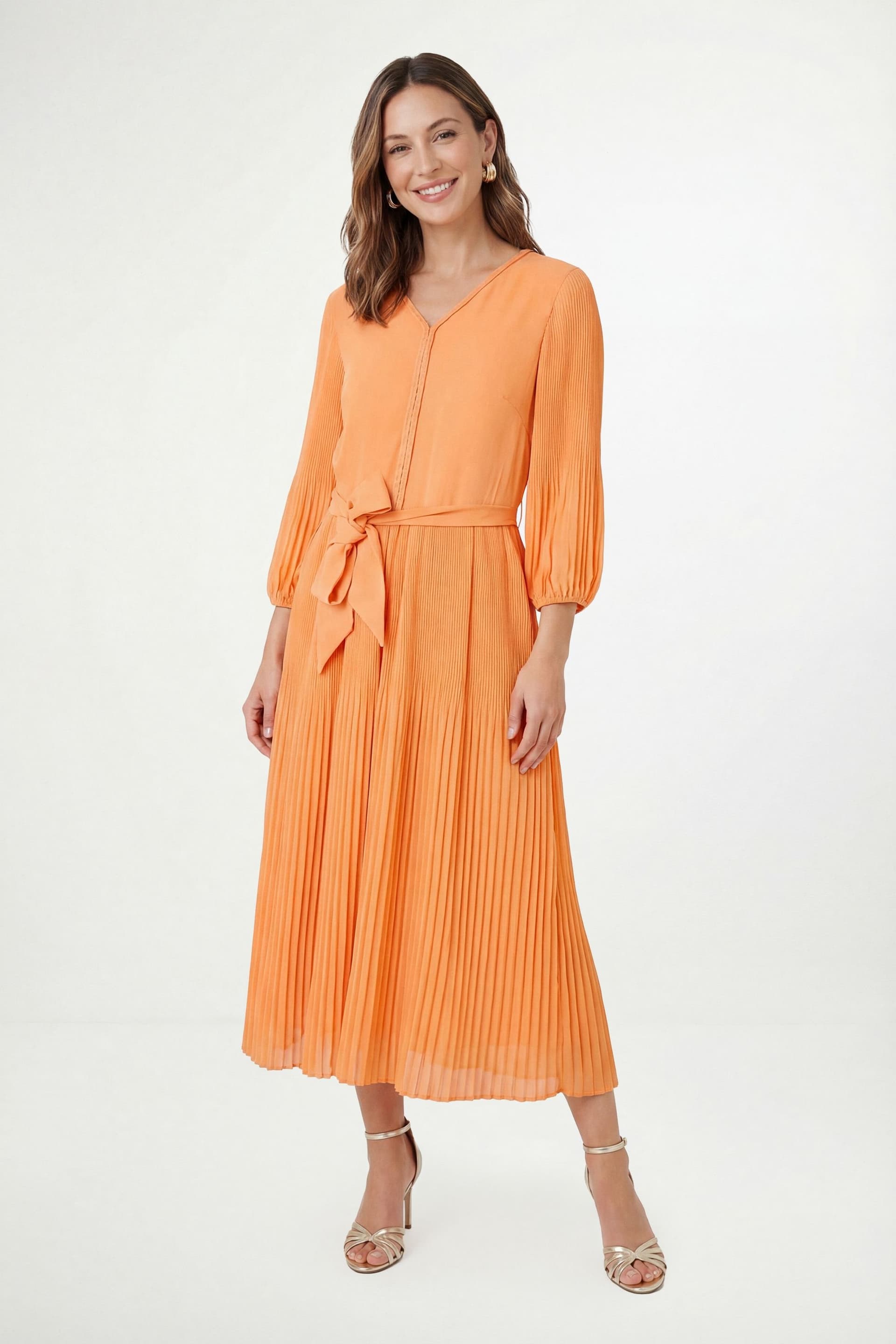 Wallis Wallis Women's Petite Chiffon Plait Detail Pleated Midi Dress in Orange