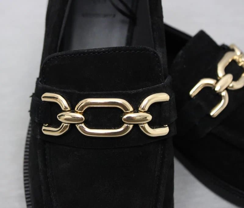 Marks & Spencer M&S Loafers Womens UK 4.5 Leather Black Gold Chain Detail Smart Casual
