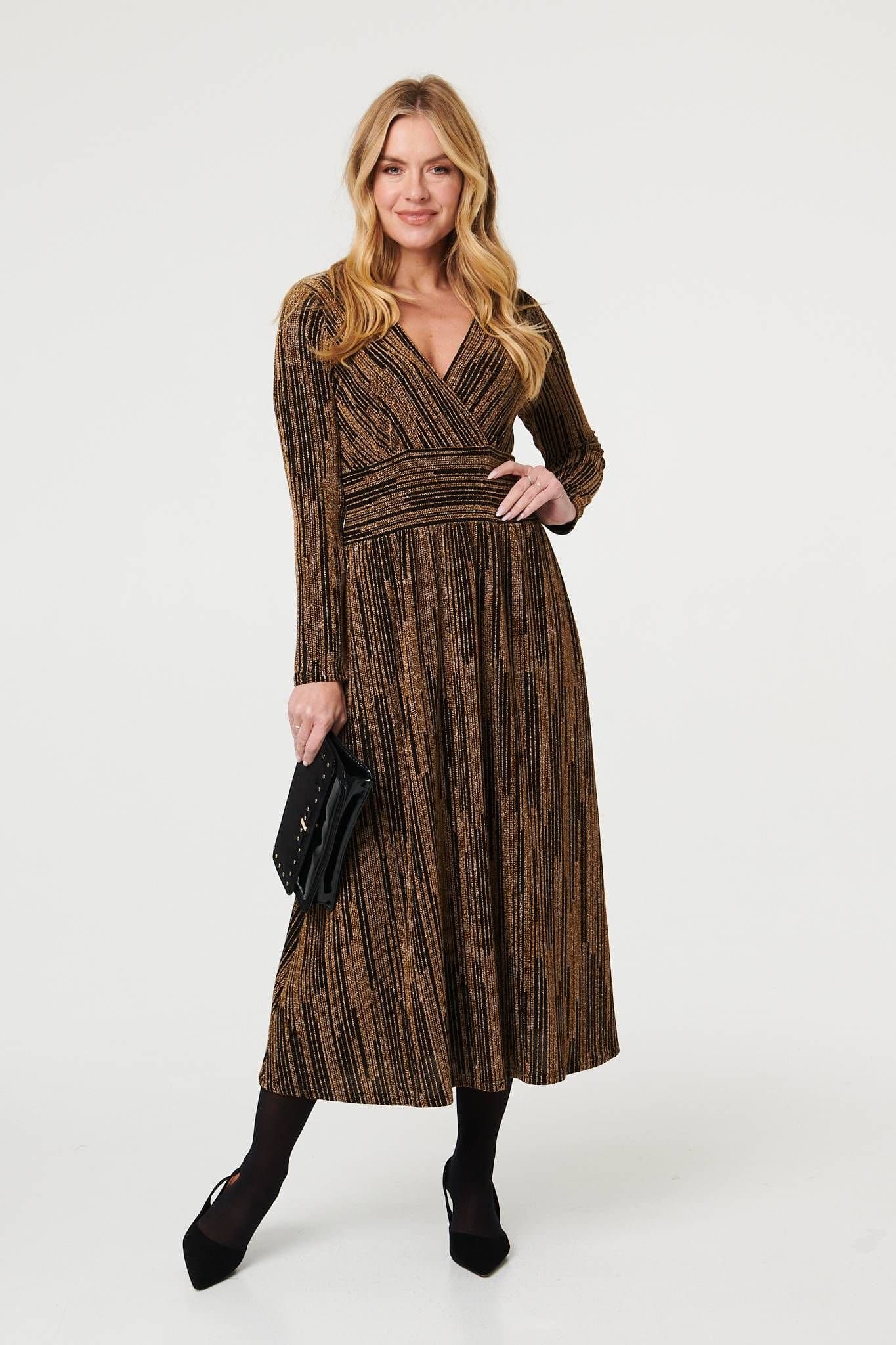 Izabel London Izabel London Women's Striped Texture Long Sleeve Midi Dress in Gold