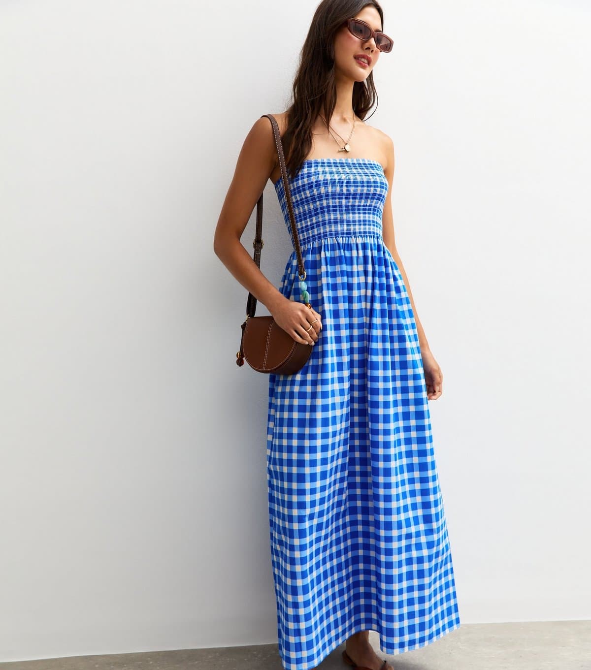 New Look Women's Blue Checked Bandeau Midi Dress New Look