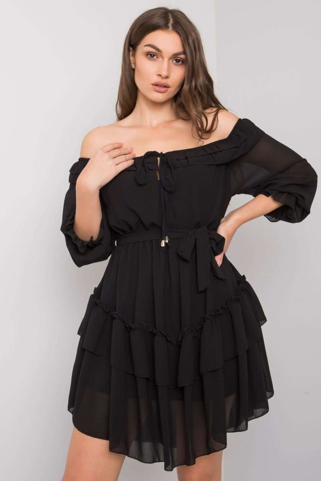 Love Lace Love Lace Women's Spanish Frill Tie Waist 3/4 Sleeve Dress in Black