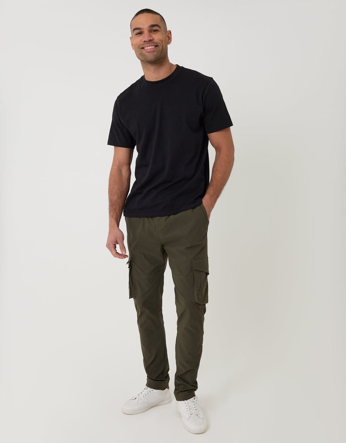 Threadbare threadbare Men's Slim Fit Stretch Cargo Trousers in Khaki Green - 1
