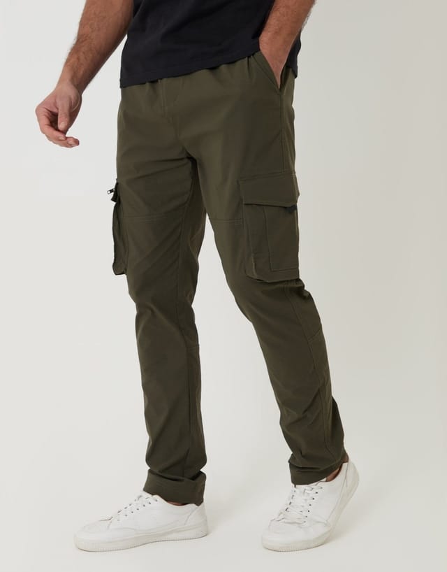 Threadbare threadbare Men's Slim Fit Stretch Cargo Trousers in Khaki Green - 2