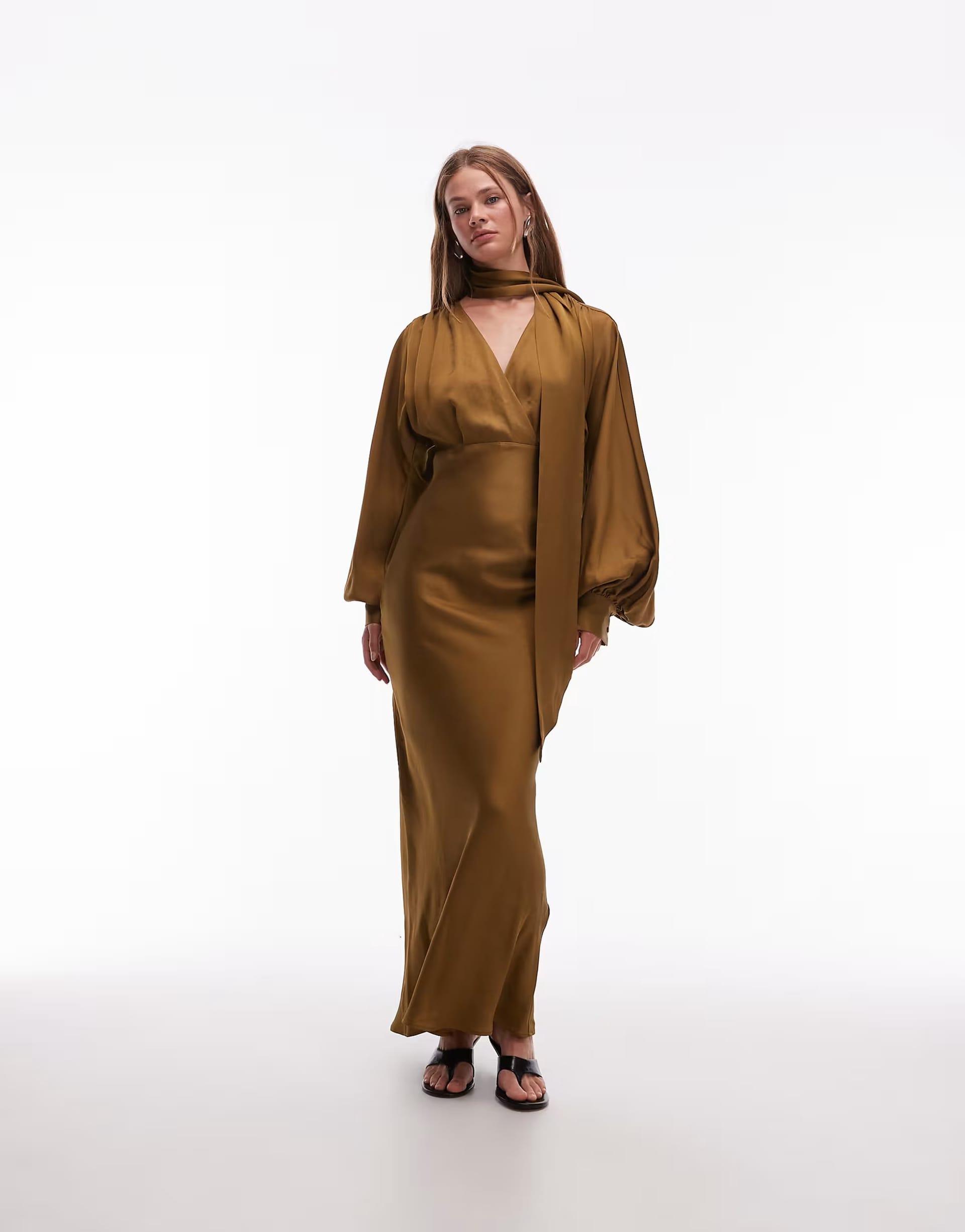 ASOS Mocha Brown Satin Midi Dress with Detachable Scarf