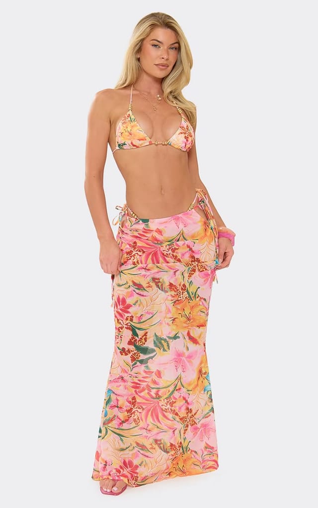 EGO Maxi Skirt In Multi Floral Print Chiffon, Women's Size UK 6 - 2