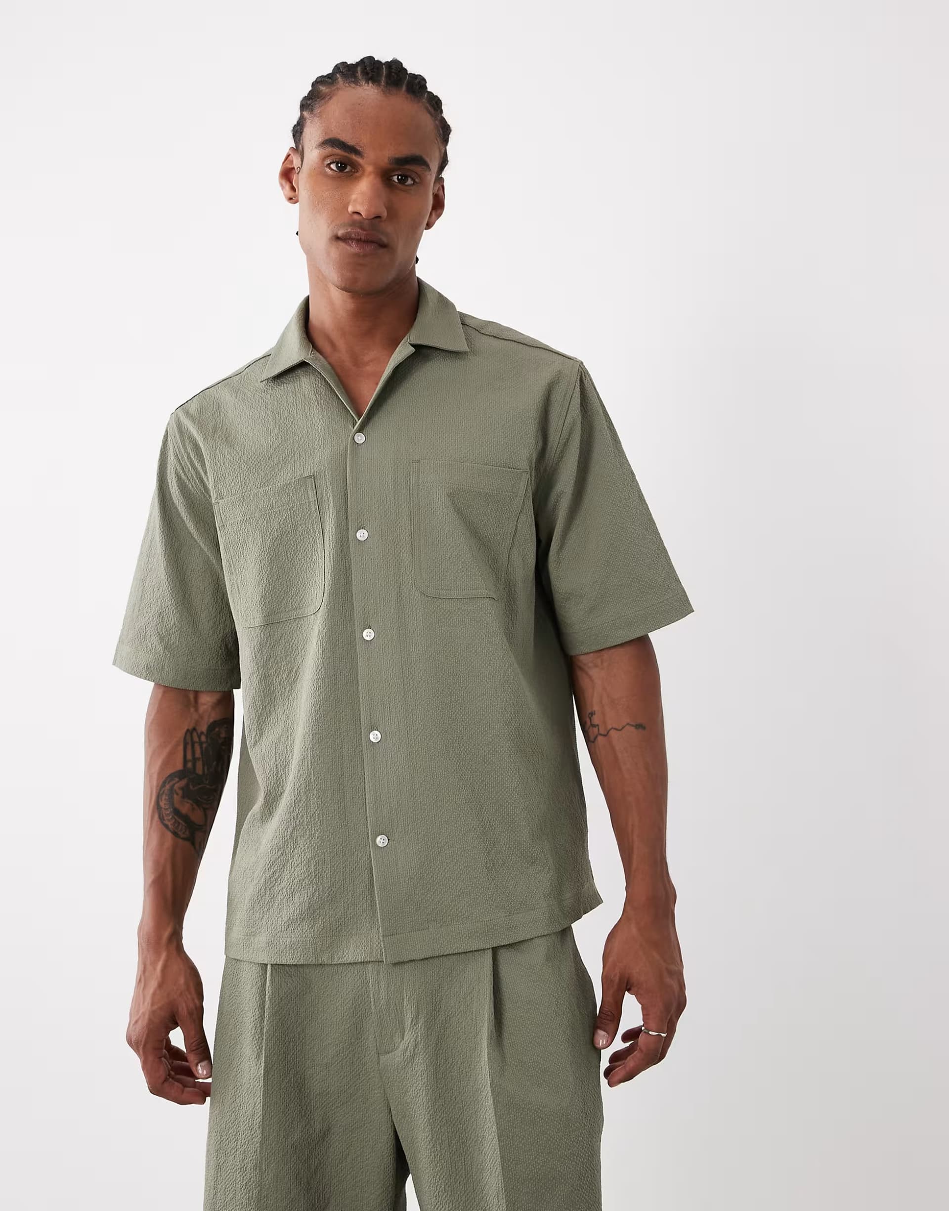 ASOS ASOS DESIGN smart co-ords relaxed shirt in khaki seersucker