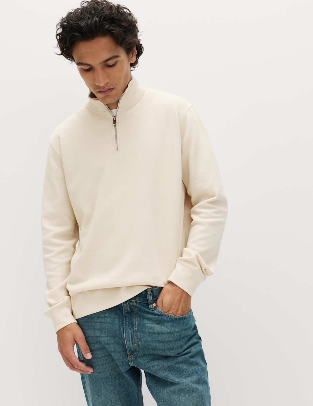 Marks & Spencer M&S Cotton Rich Double Knit Half Zip Sweatshirt Ecru