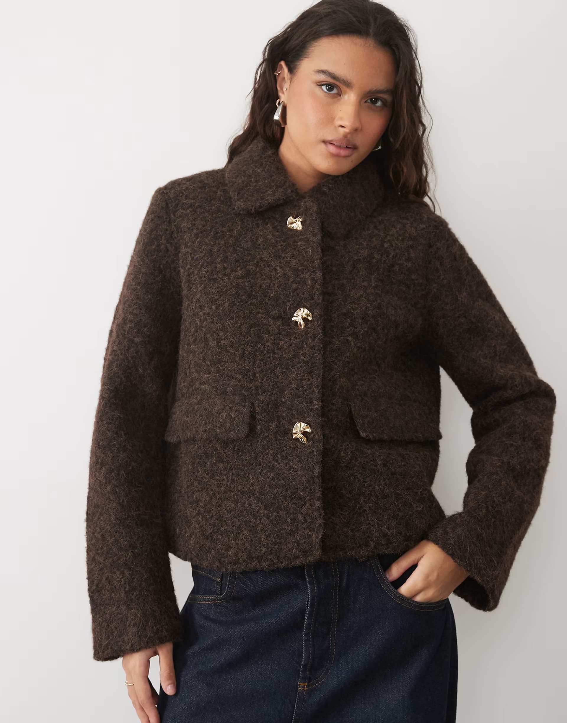 ASOS Vero Moda short fluffy textured jacket with gold hammered buttons in chocolate brown