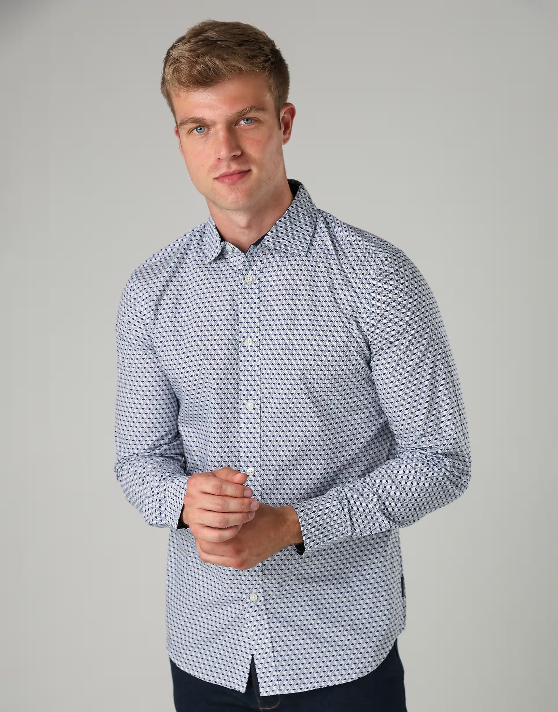ASOS French Connection Cotton long sleeve cube-design shirt in navy